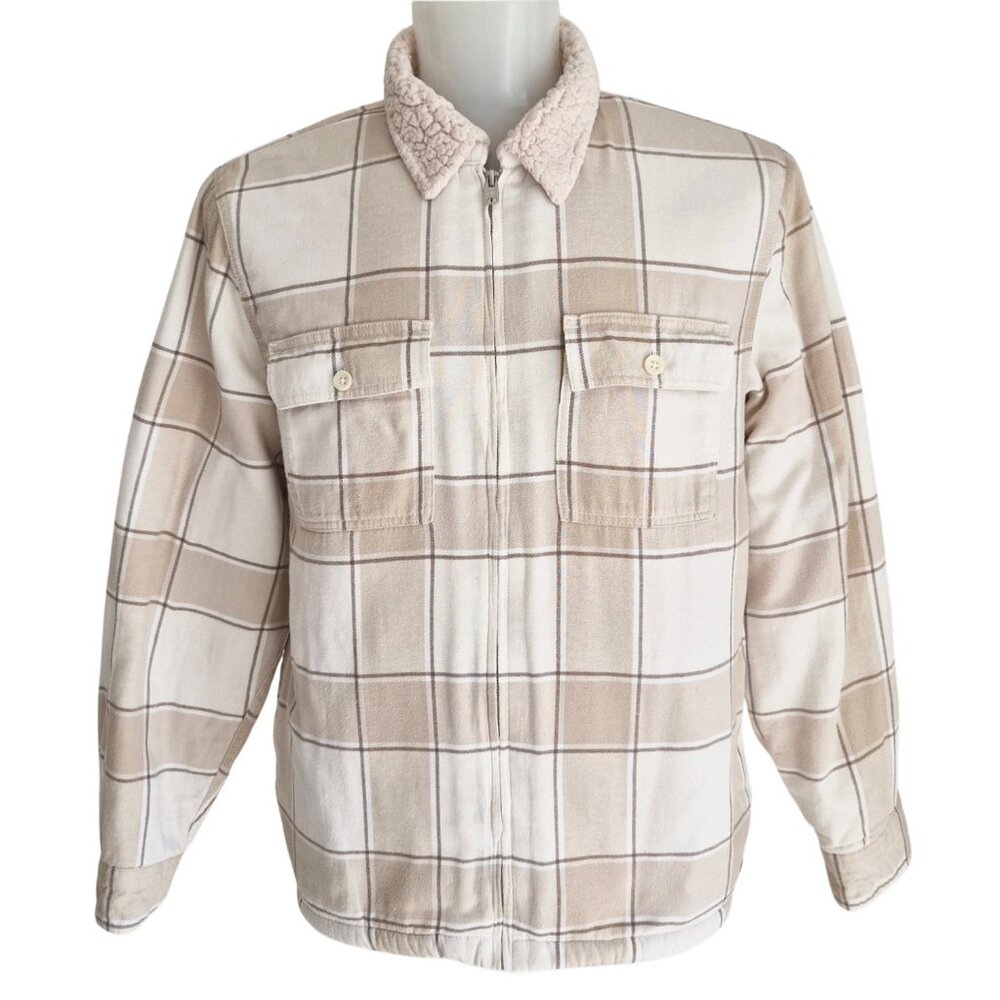 Hollister Sherpa-Lined Flannel Neutral Tan White Color Full Zip Shirt Jacket XL - Picture 5 of 16